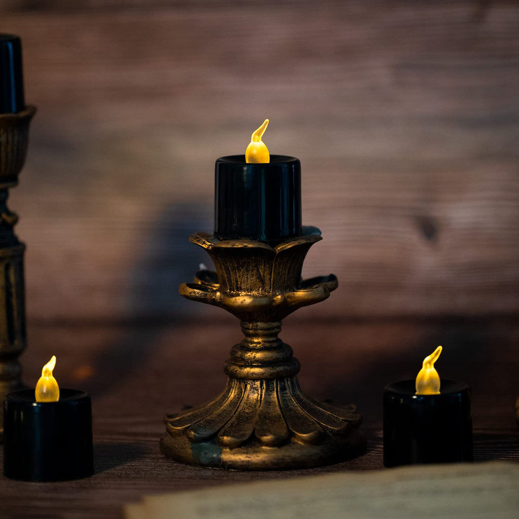 LANKER 24 Pack Black Tea Lights Candles – Flickering Warm Yellow Lights Flameless LED Candles – Battery Operated Fake Candles – Decoration for Halloween and Christmas (Black)