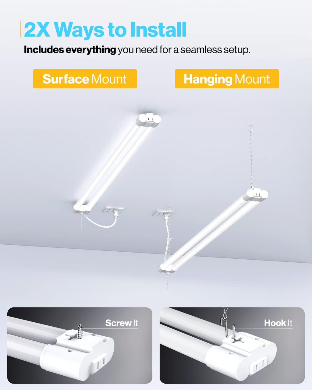 Sunco 12 Pack LED White Hanging Workshop Garage Shop Light 4FT, Plug in Linkable Utility Fixture, 6000K Daylight Deluxe, 40W=260W, 4100 LM, Integrated T8, Pull Chain - ETL