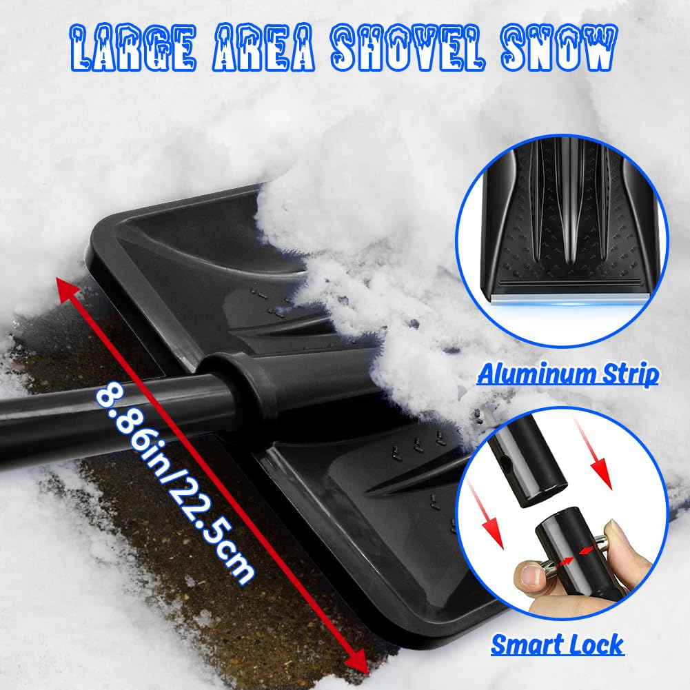 Snow Shovel, 42.5" Emergency Shovel for Car, 3-Piece Detachable Design, Adjustable Portable Snow Shovel for Driveway, Camping, Snowman Playing
