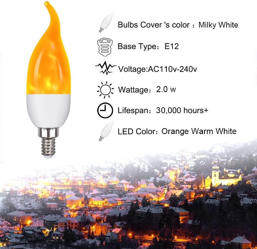 OHLGT E12 Flame Bulbs 12 Pack, 3 Mode LED Candelabra Flame Light Bulb 2.0 Watt Warm White Chandelier Flame Bulbs,1800k Candle Light Bulbs, Flame Tip for Christmas Party Decorations