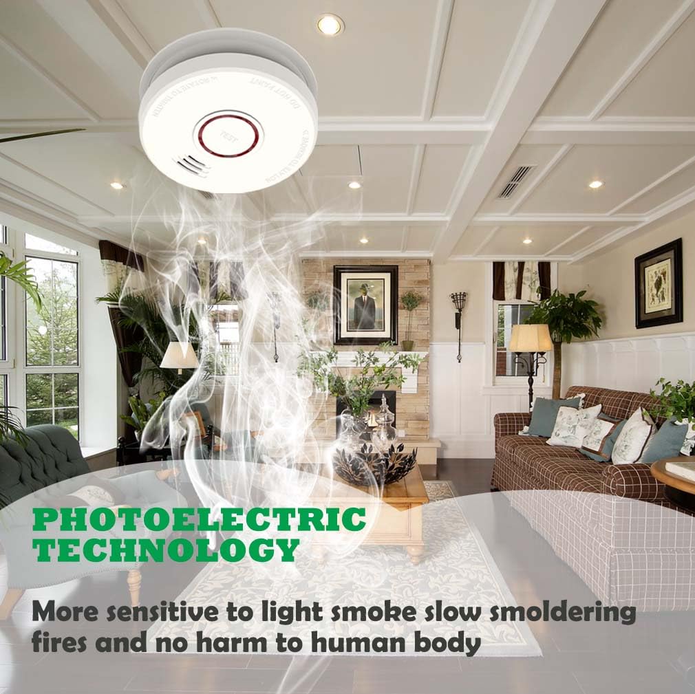 LSHOME 4 Pack Smoke Detector Fire Alarms 9V Battery Operated Photoelectric Sensor Smoke Alarms Easy to Install with Light Sound Warning, Test Button,9V Battery Included Fire Safety For home (GS526A-4)