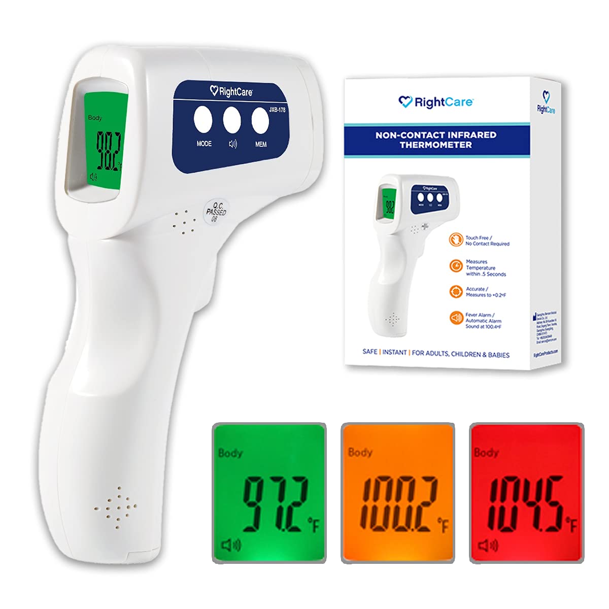 RightCare No-Touch Infrared Forehead Thermometer with Instant Results for School, Home, and Businesses, 5 Count