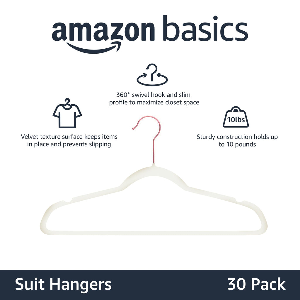 Amazon Basics Slim, Velvet, Non-Slip Suit Clothes Hangers, Ivory/Rose Gold - Pack of 30
