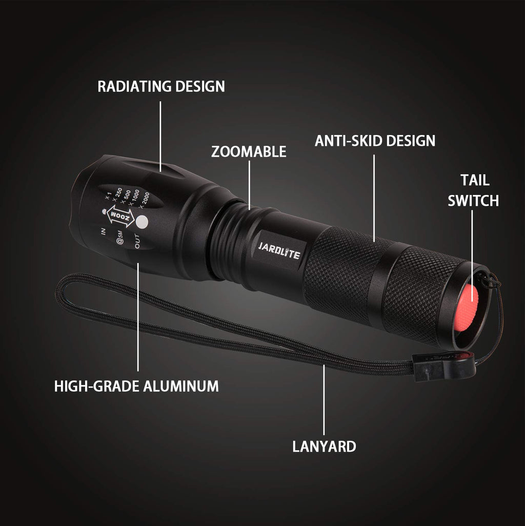 JARDLITE LED Emergency Handheld Flashlight, 4 Pack, Adjustable Focus, Water Resistant with 5 Modes, Best Tactical Torch for Hurricane, Camping, Dog Walking