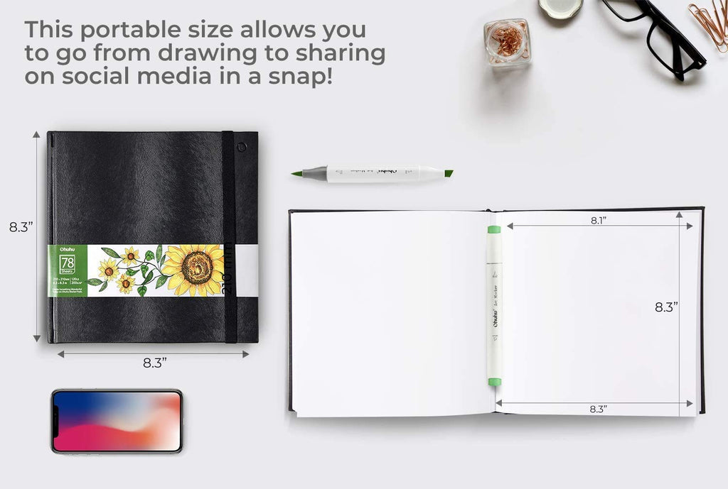 Ohuhu Sketchbook Marker Paper Pad: 8.3"x8.3" Square Art Sketch Book Drawing Papers 78 Sheets/156 Pages 120 LB/200 GSM Hardcover Sketching Books for Alcohol Markers Heavyweight Sketchpad Christmas Gift