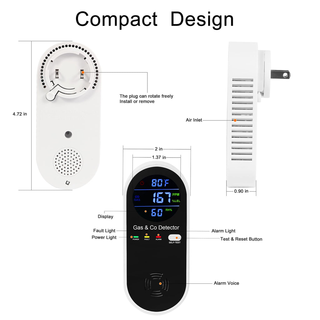 Combination Natural Gas Detector & Carbon Monoxide Detector, 4-in-1 Carbon Monoxide Alarm,Fahrenheit(°F) & Humidity,Propane,Methane,Gas Detector Alarm & CO Detector for Home,RV,Apartment