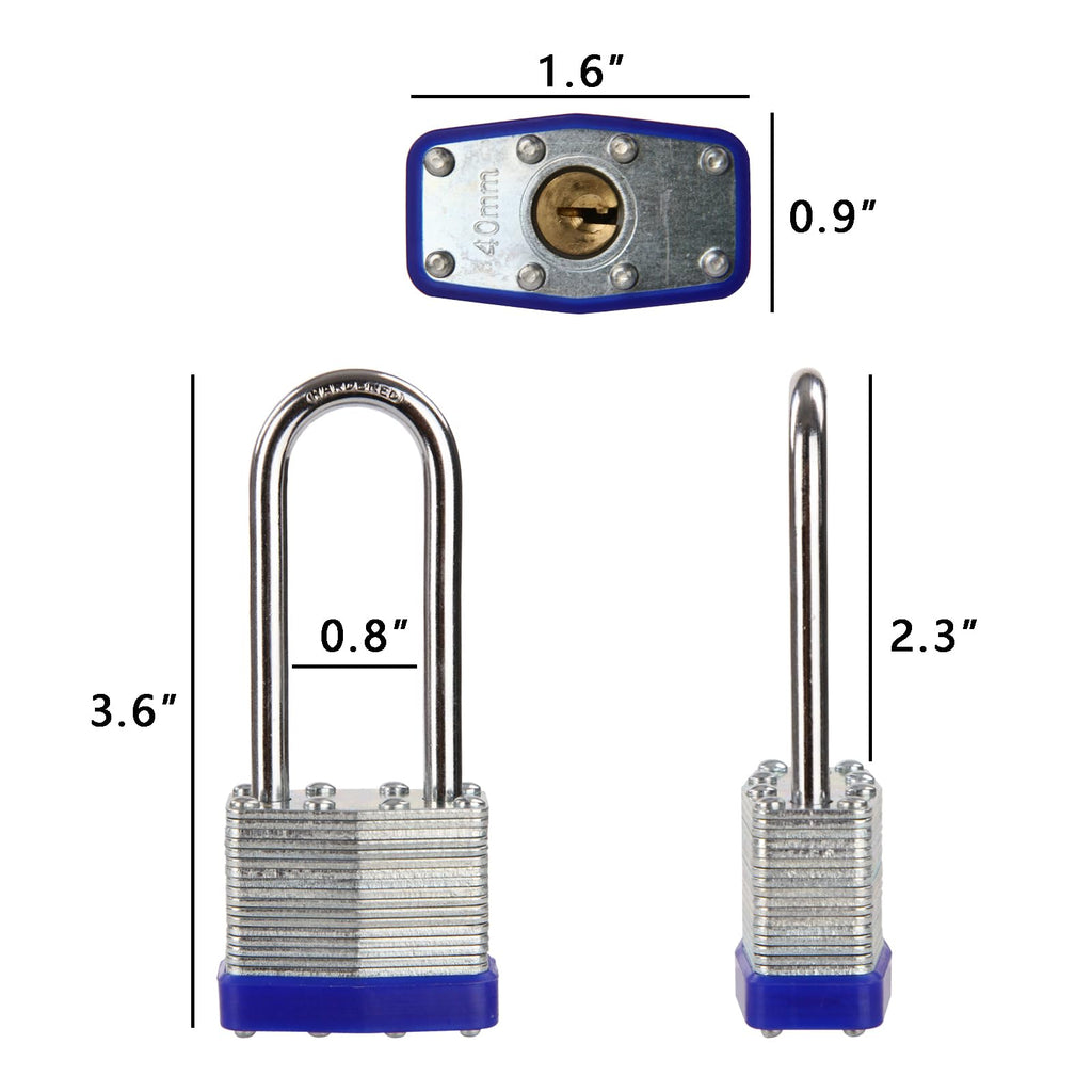 2PCS Heavy Duty Padlock Keyed Alike, 2-3/8" Extra Long Shackle, 40MM 1-9/16" Laminated Steel Lock Body, Ideal for Gym Locker, Sheds, Gate, Warehouse, Tool Box, Hasp (4 Keys Same)