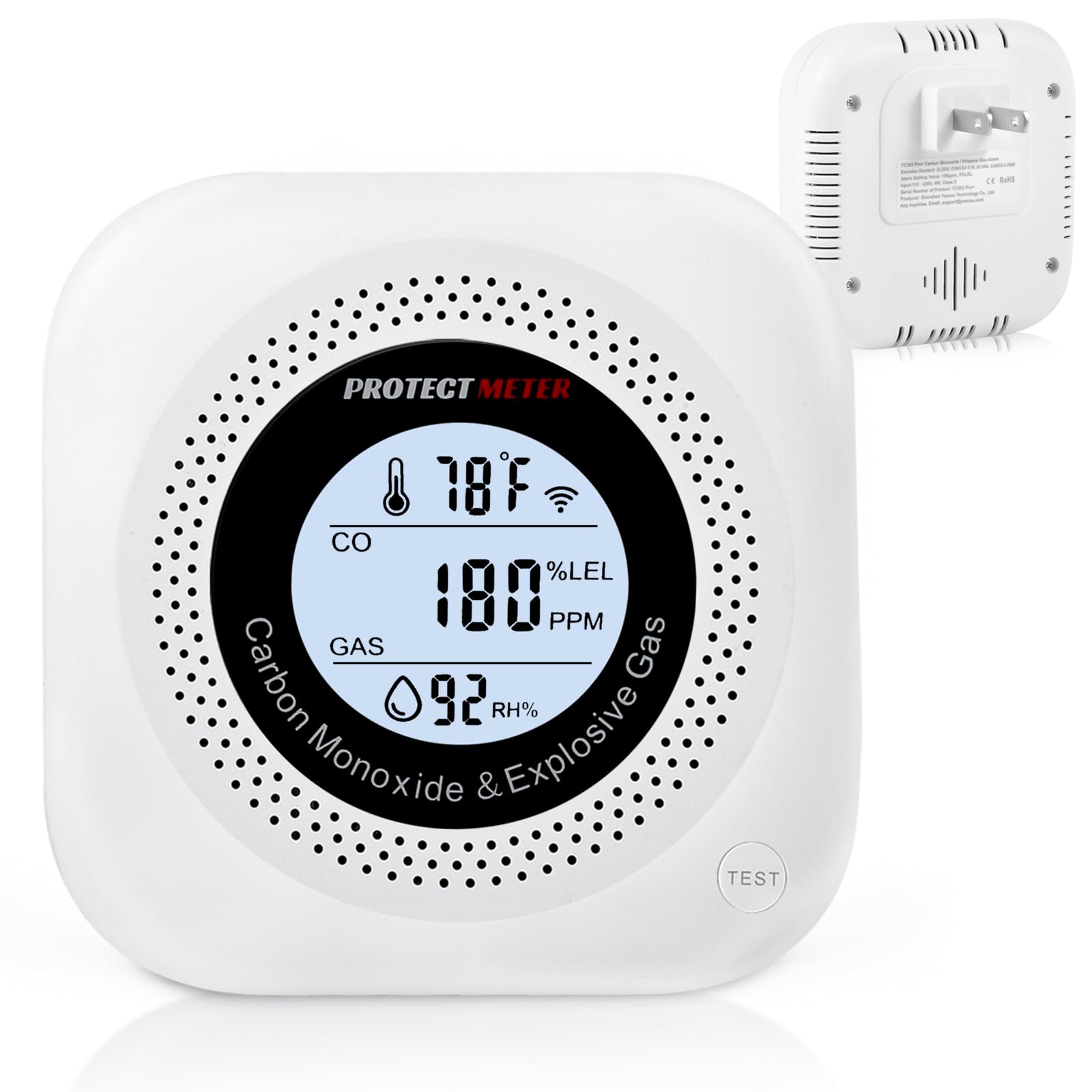 Carbon Monoxide Detectors, 4 in 1 Protectmeter Natural, Propane, Methane Portable Traval Gas Leak Detector, Carbon Monoxide Detectors Plug in, Temperature & Humidity Detectors, Digital LCD