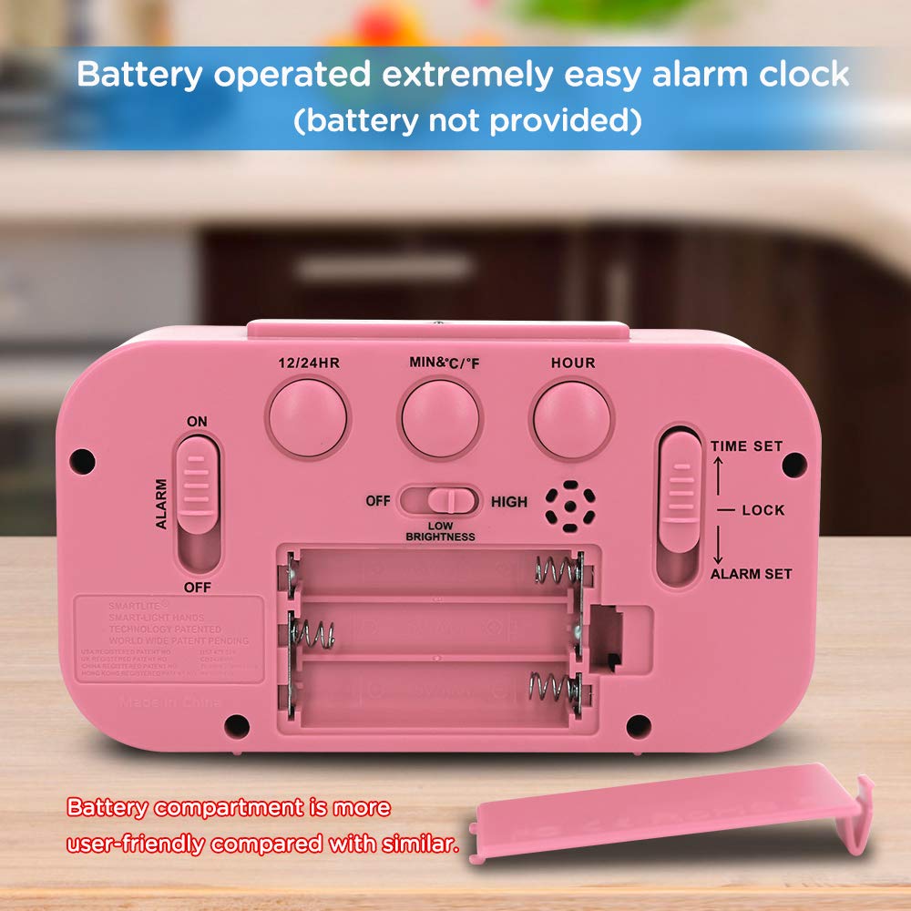 Peakeep Night Light Alarm Clock Battery Operated with Indoor Temperature, Desk Digital Clock for Kids Girls Bedrooms (Pink)