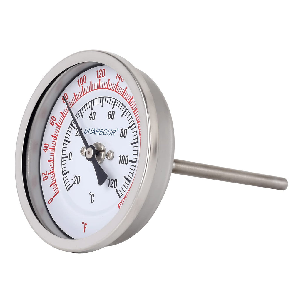 Uharbour 3" Dial Fully Stainless Steel Thermometer for Pot, Kettle, Brewing Bimetal, 4" Stainless Steel Stem, 0-250 deg F/-20-120 deg C, Accuracy +/-1%, Adjustable, 1/2" NPT Back Mount…