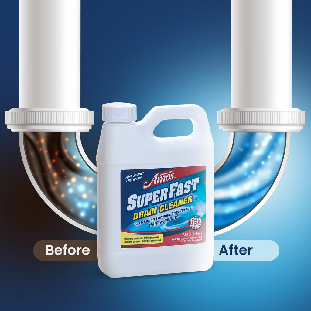 PROFESSOR AMOS Superfast Drain Cleaner Dissolve Hair, Grease, Food & Build Up Fast, 4-6 Applications Per Bottle