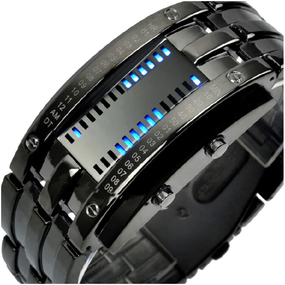 Fashion Mens Binary Sports Watch Digital LED Matrix Waterproof Outdoor Casual Black Bracelet Blue Backlit Men's Square Watch (Black)