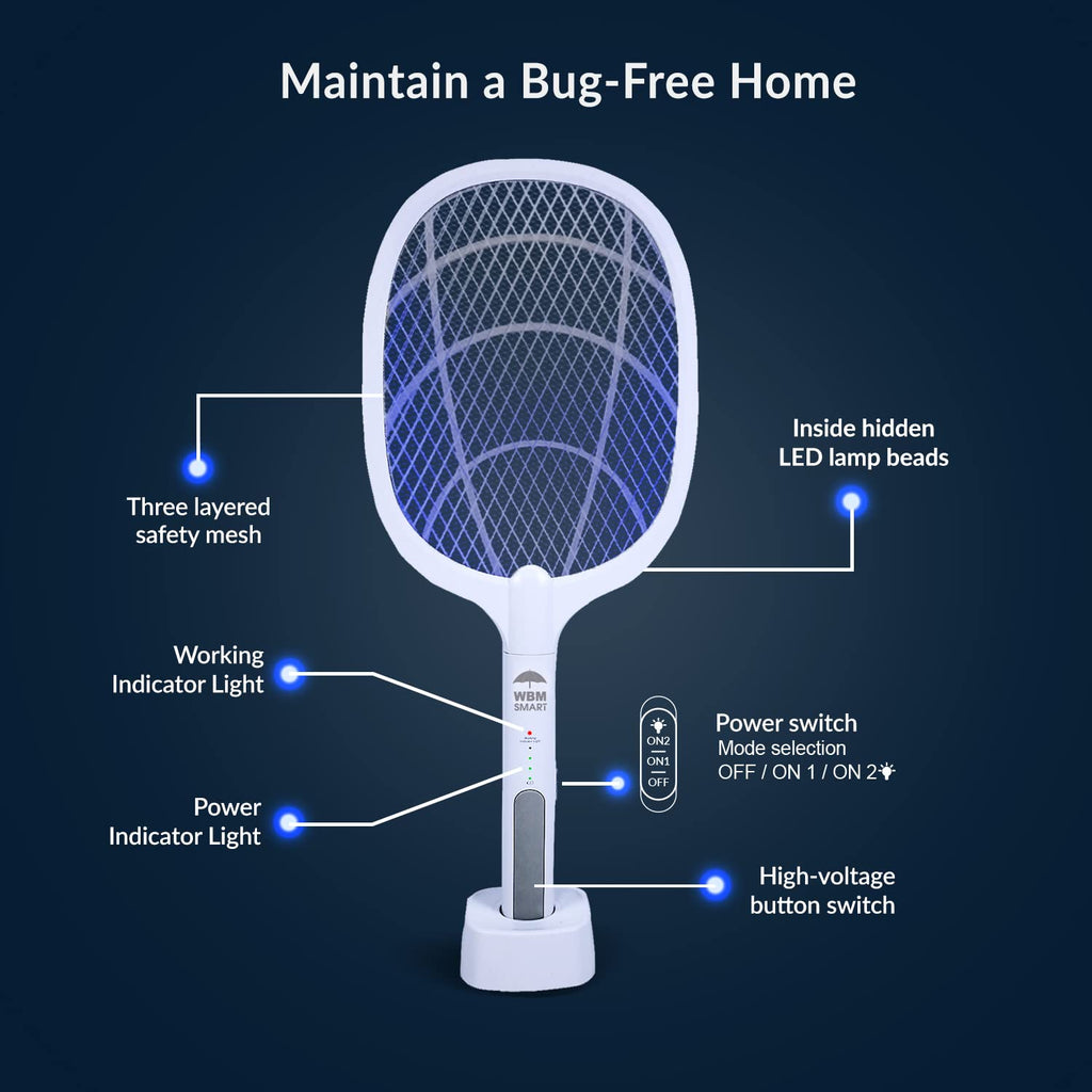 WBM SMART 2 in 1 Electric Bug Zapper, Mosquitoes Trap Lamp & Racket, USB Rechargeable Electric Fly Swatter for Home and Outdoor Powerful Grid 3-Layer Safety Mesh Safe to Touch, Pack of 2