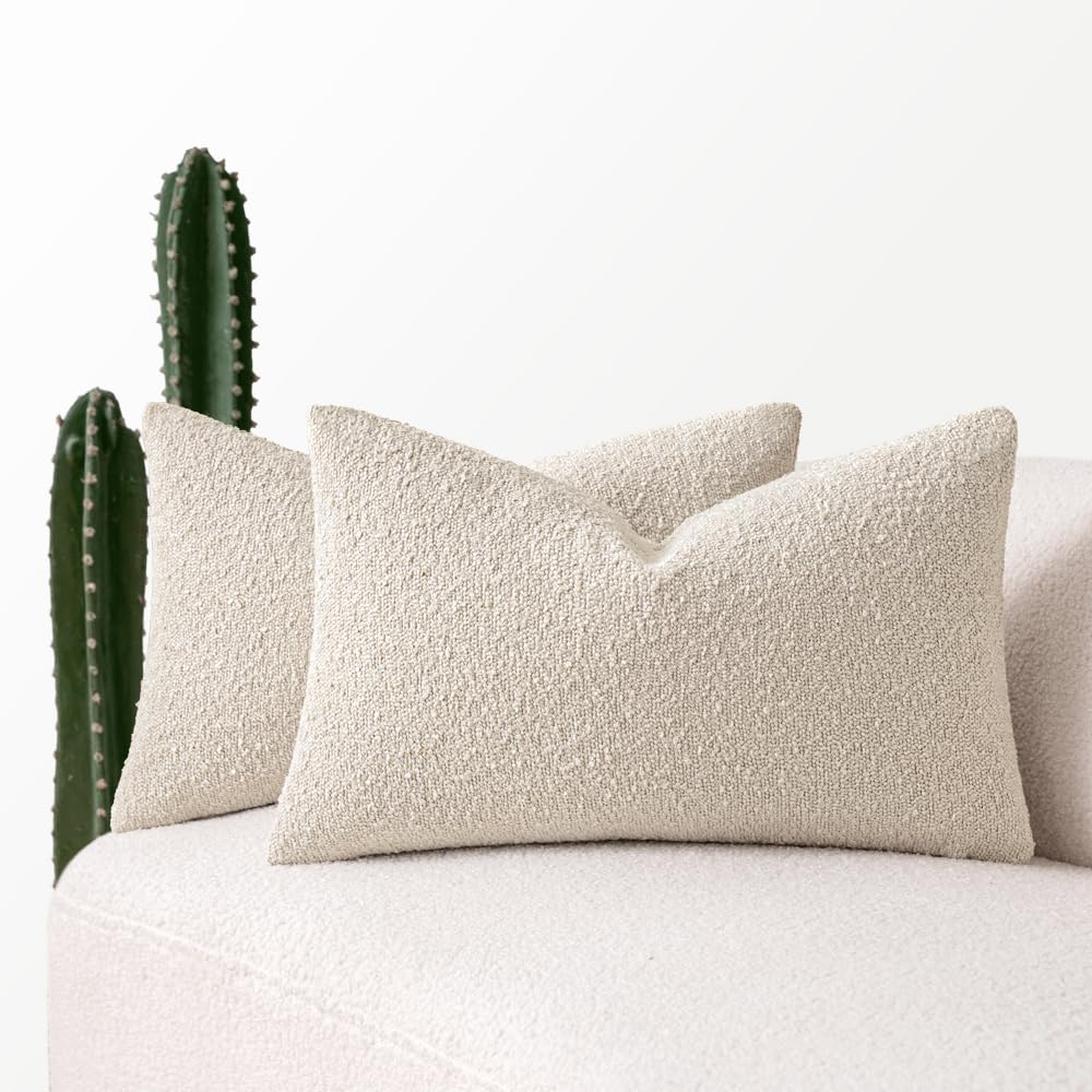 MIULEE Set of 2 Beige Throw Pillow Covers 12x20 Inch Decorative Couch Pillow Covers Textured Boucle Accent Solid Christmas Pillow Cases Soft for Cushion Chair Sofa Bedroom Livingroom Home Decor