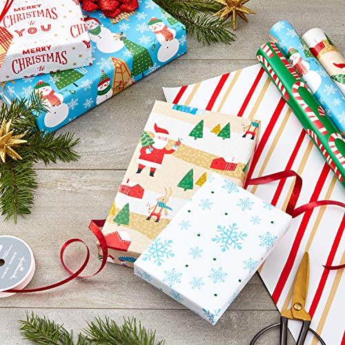 Hallmark Reversible Christmas Wrapping Paper (3 Rolls: 120 sq. ft. ttl) Rustic Santa, Papercraft Snowmen, Candy Canes, Stripes, Snowflakes, "Merry Christmas to You"