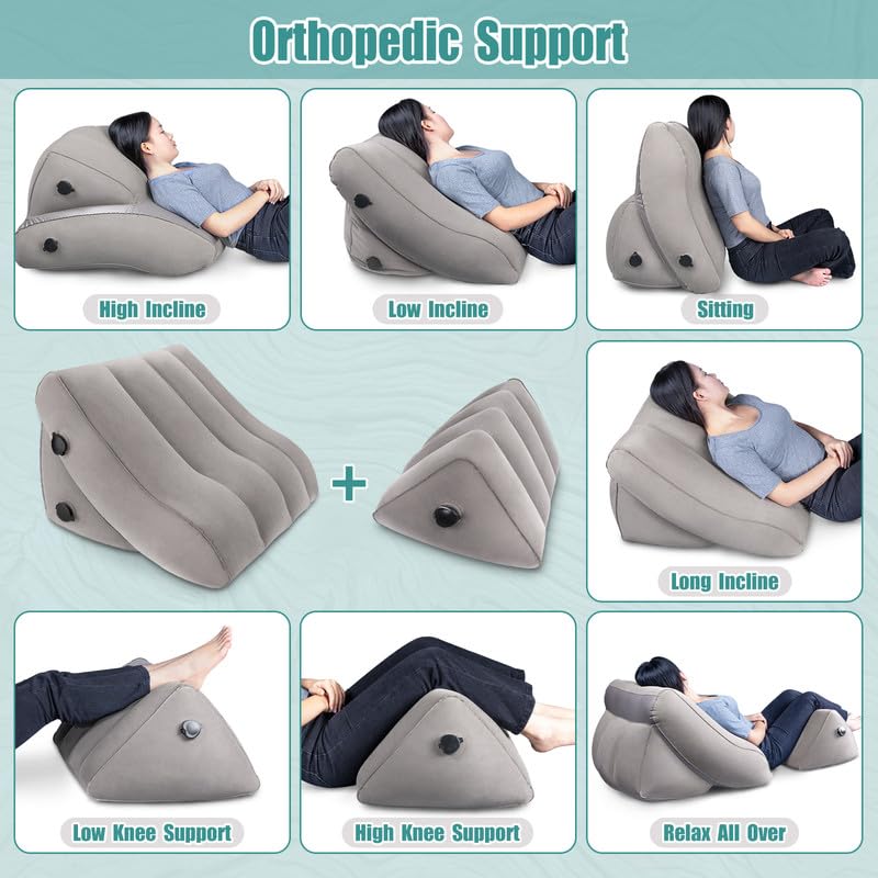 SAHEYER Inflatable Bed Wedge Pillow Set, 2 PCS Post Surgery Support Pillow for Back, Knees, Leg Pain Relief, Adjustable Sitting Pillows for Acid Reflux, Anti Snoring, Heartburn, GERD Sleeping, Grey