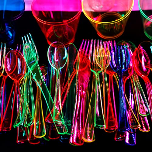 Supernal 216pcs Neon Party Supplies Plates,Includes Hard Plastic Dispoable Neon Party Plates,Cups,Cutlery Forks Knives Spoons in Neon Pink,Blue,Green,Yellow, Pefect for Birthdays,Halloween Party