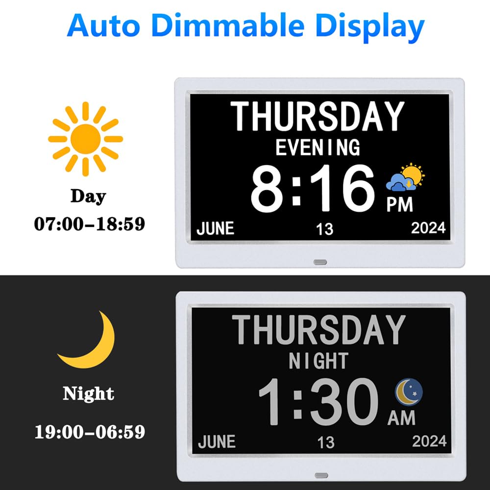 AINFTIME Digital Clock with Date and Day of Week for Elderly-12 Alarms Medication Reminder Dementia Alzheimers Clock Calendar with Extra Large Display (10.1 inch White)