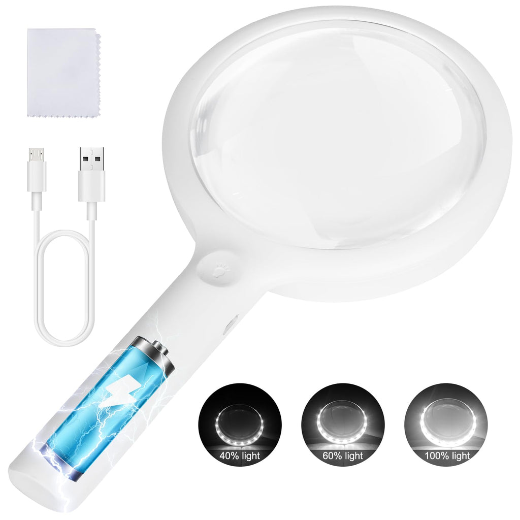 30X Charge Magnifying Glass with Light, NUEYiO 4.33Inch Large Handheld Magnifying Glass 20 Daylight LEDs, Third Gear Dimming Lighted Magnifier for Seniors Reading Inspection Coin Collection Jewelry