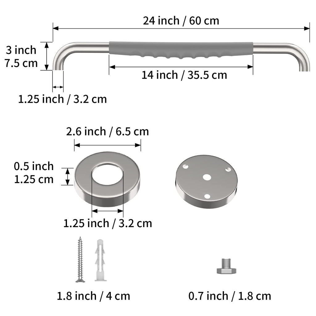 24 Inch Anti Slip Shower Grab Bar, Munzong Chrome Stainless Steel Bathroom Grab Bar w/Gray Rubber Grip, Bathroom Balance Bar,Safety Handrail Support,Handicap Elderly Senior Assist Bath Handle