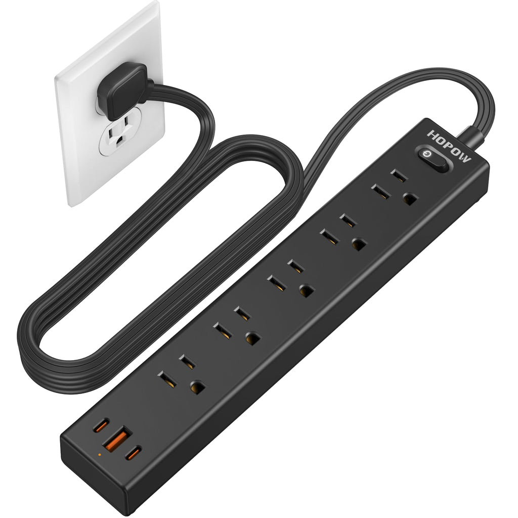 Flat Plug Power Strip, 6 Ft Ultra Thin Extension Cord, Surge Protector with 5 Outlets & 3 USB Ports (2 USB C), 1700 Joules, Wall Mount, Desktop Charging Station for Home Office Dorm, Black