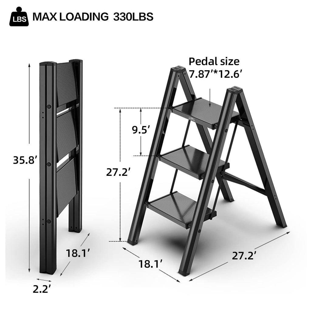 GameGem 3 Step Ladder Folding Step Stool with Anti-Slip Sturdy and Wide Pedal for Adults&Elderly, Aluminum Portable Lightweight Stepladder for Home Kitchen Office, Black, 330lbs
