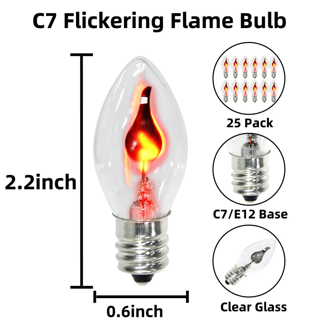 SOTOPOO 25 Pack Flickering Flame Light Bulbs C7 Repalcement Bulbs / E12 Flickering Flame Bulb - Clear Glass Flame Shaped, for Christmas Halloween C7 String Light Bulbs Replacement, Lighting Facts