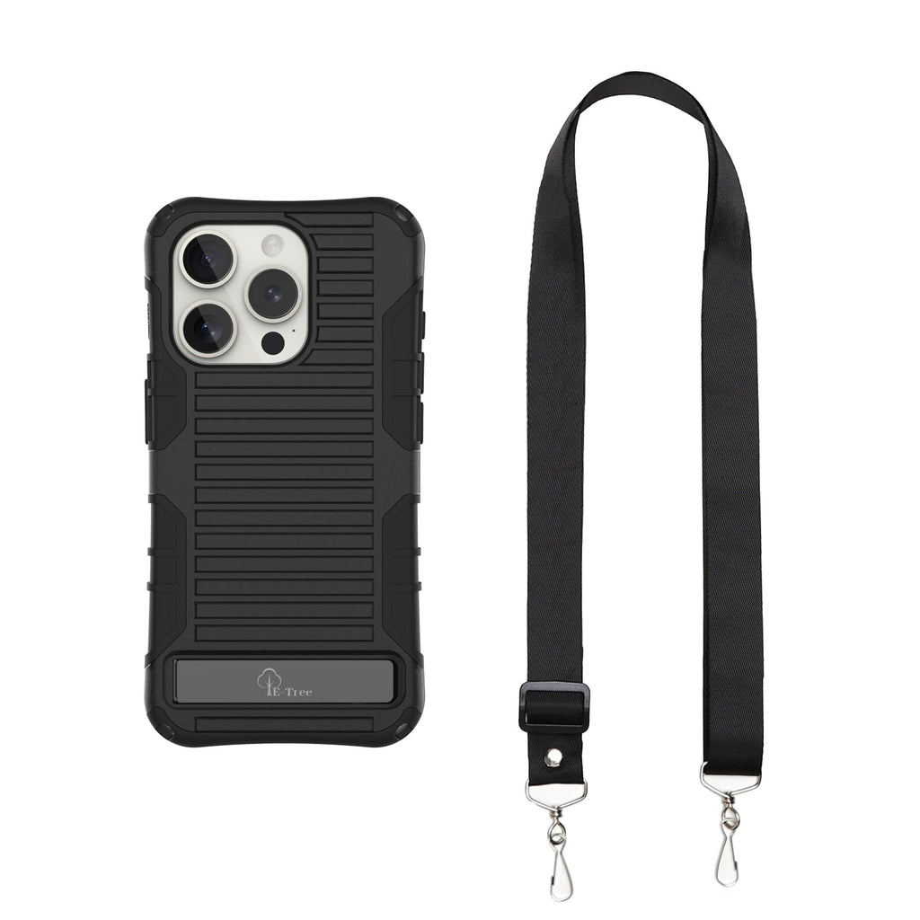 E-Tree for iPhone 15 Pro Case, with Crossbody Strap and Stand, Protective Shockproof Hard Phone Case Black, Perfect for Go Outside and Kid Elderly