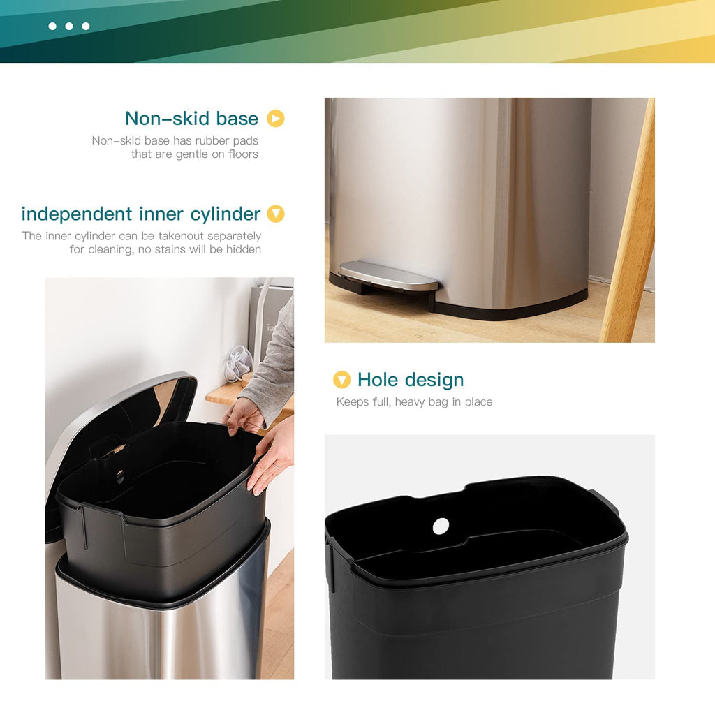 FDW 13 Gallon/50 L Garbage Can Kitchen Trash Can with Lid for Office Bedroom Bathroom Step Trash Bin Fingerprint-Proof Brushed Stainless Steel 13 Gallon / 50 Liter
