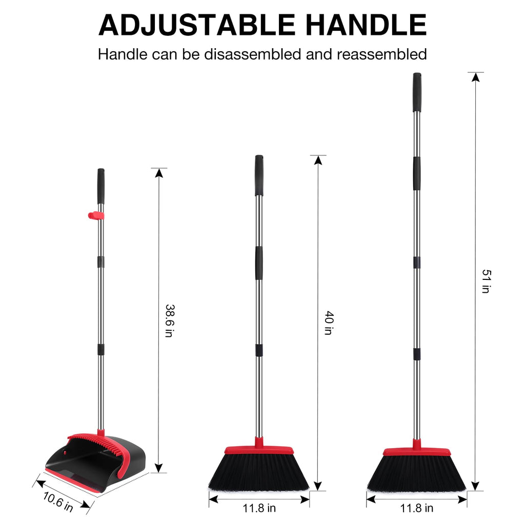 NACENA Broom and Dustpan Set, 52-in Long Adjustable Handle Broom Dustpan Combo with Dustpan Teeth to Automatically Clean Hair Suitable for Home Kitchen Office Hall Floor（Black&Red）