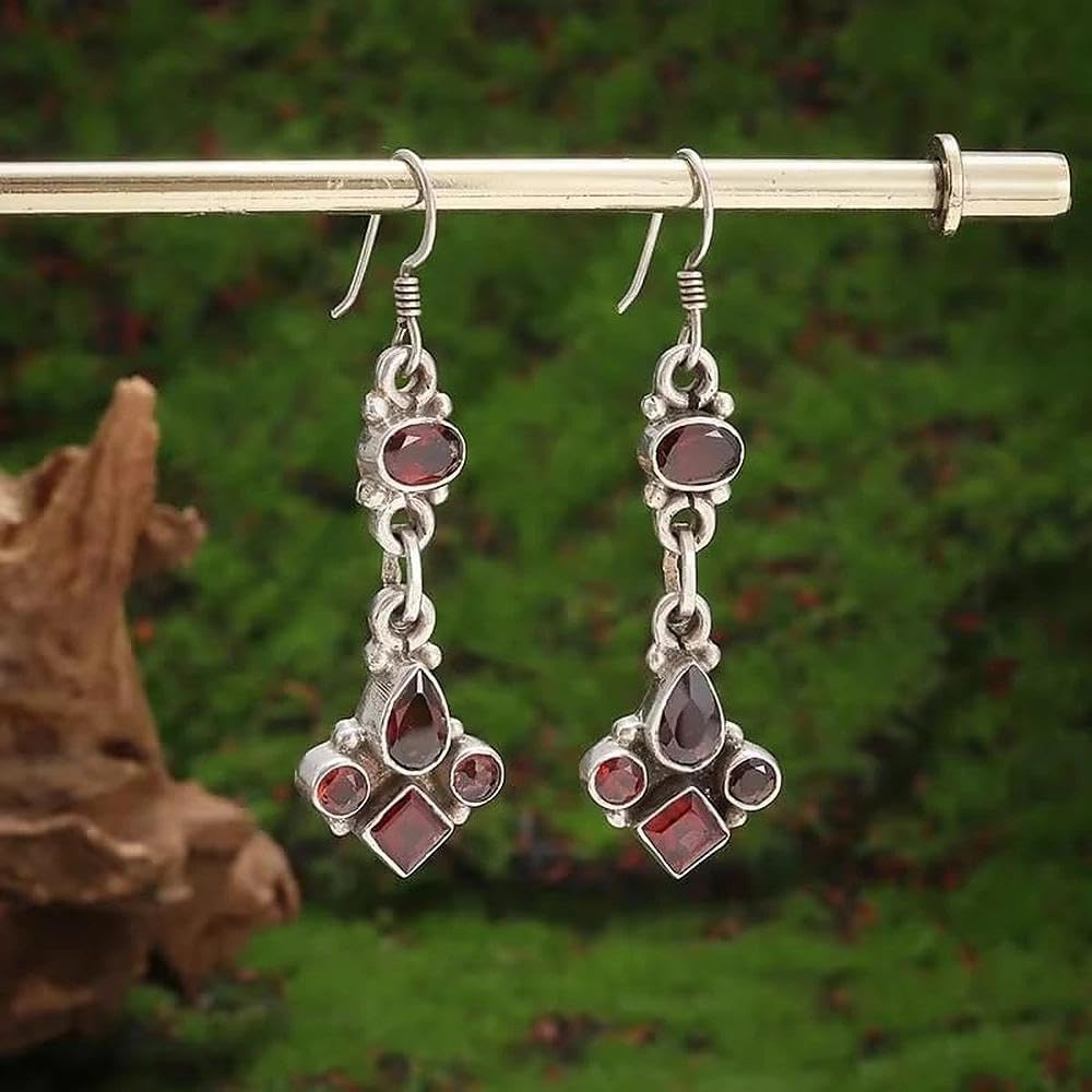 Retro Bohemian Red Zircon Drop Shape Tassel Earrings Women's Fashion Elegant Earring Accessories
