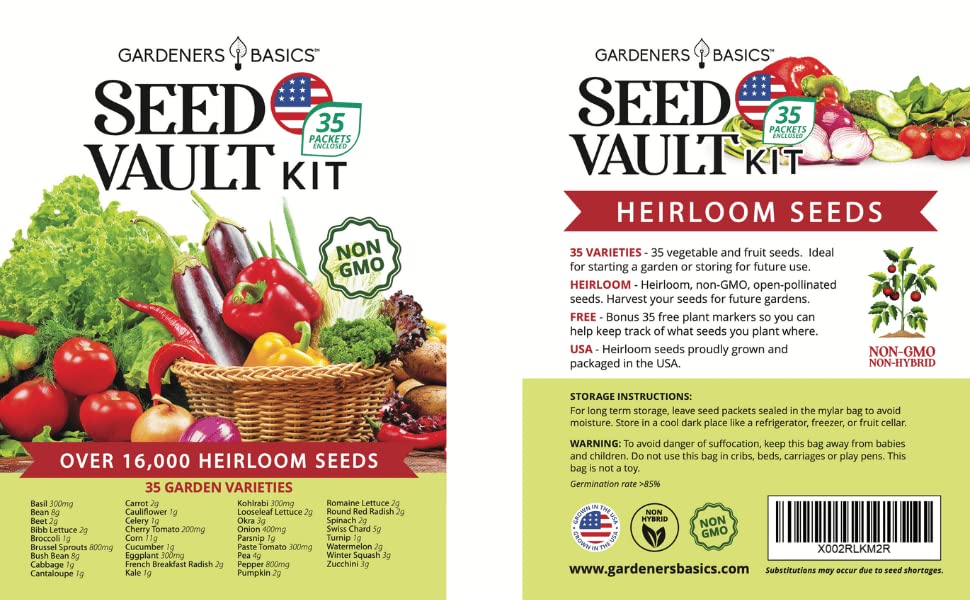 Survival Vegetable Seeds Garden Kit Over 16,000 Seeds Non-GMO and Heirloom, Great for Emergency Bugout Survival Gear 35 Varieties Seeds for Planting Vegetables 35 Plant Markers Gardeners Basics