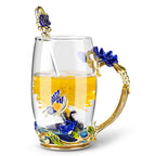 OEAGO Gifts for Mom Women Mothers Day Glass Coffee Enamels Mug Best Birthday Butterfly Rose Gifts for Her from Daughter Son Lead-Free Valentines Day Christmas Blue Tea Cup with Spoon Set