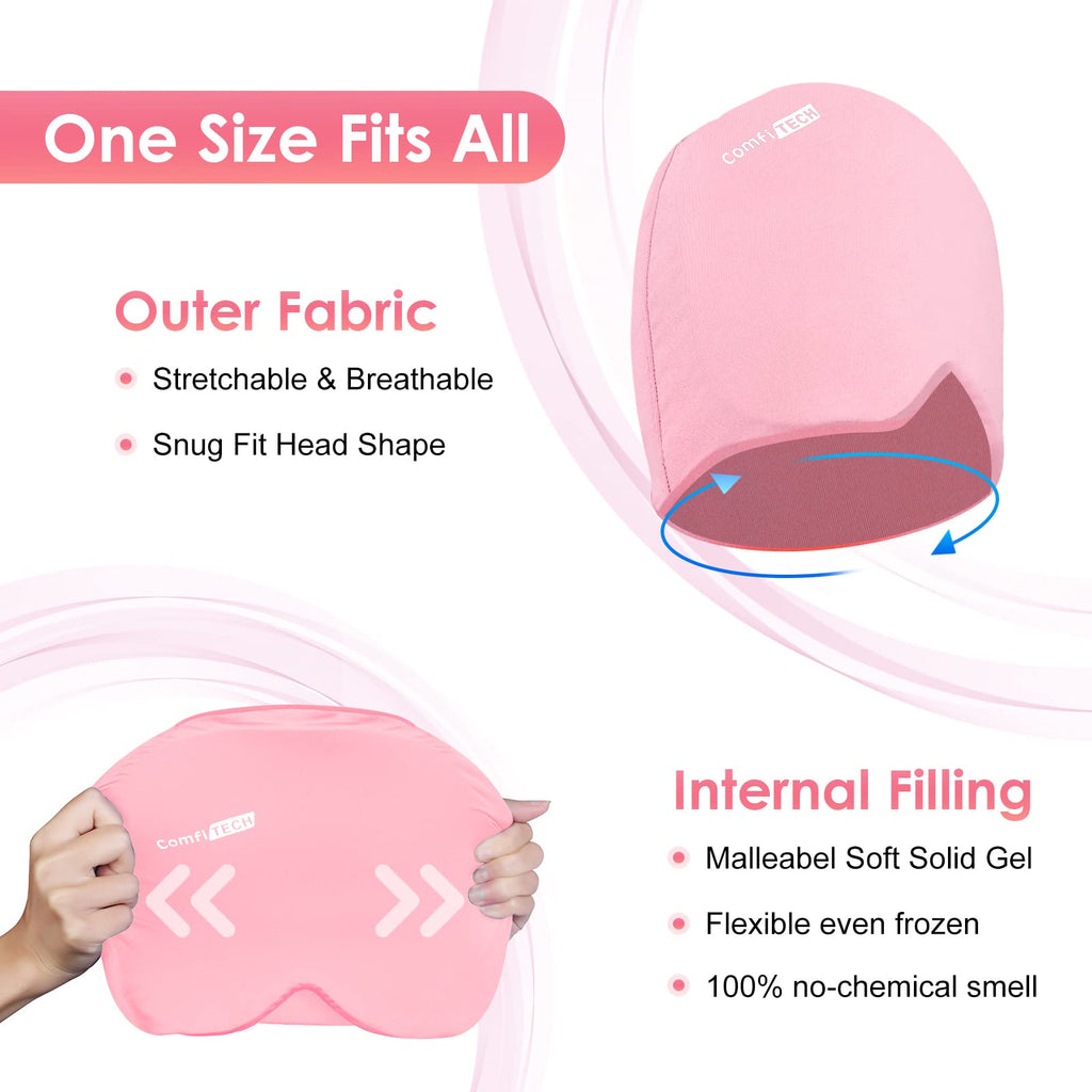 Comfitech Headache Relief Hat Migraine Cap, Wearable Migraine Mask Ice Head Wrap for Tension Headache, Puffy Eyes, Sinus Headache & Stress Relief Gel Cold Compress Pink