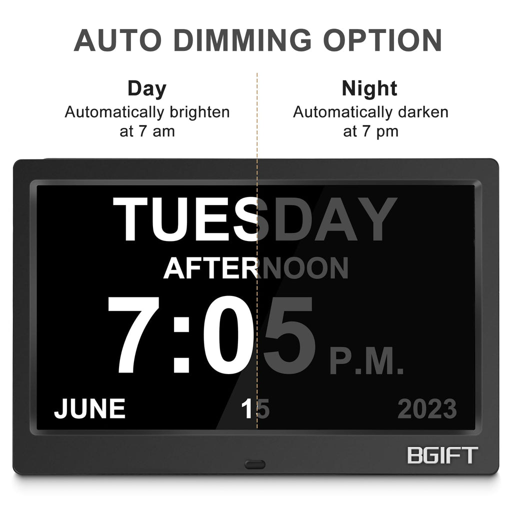 10.1" Digtal Clock with Day and Date for Seniors, Large LCD Display, Auto Dimmable, 12 Alarm Settings - Best Gift for Elderly