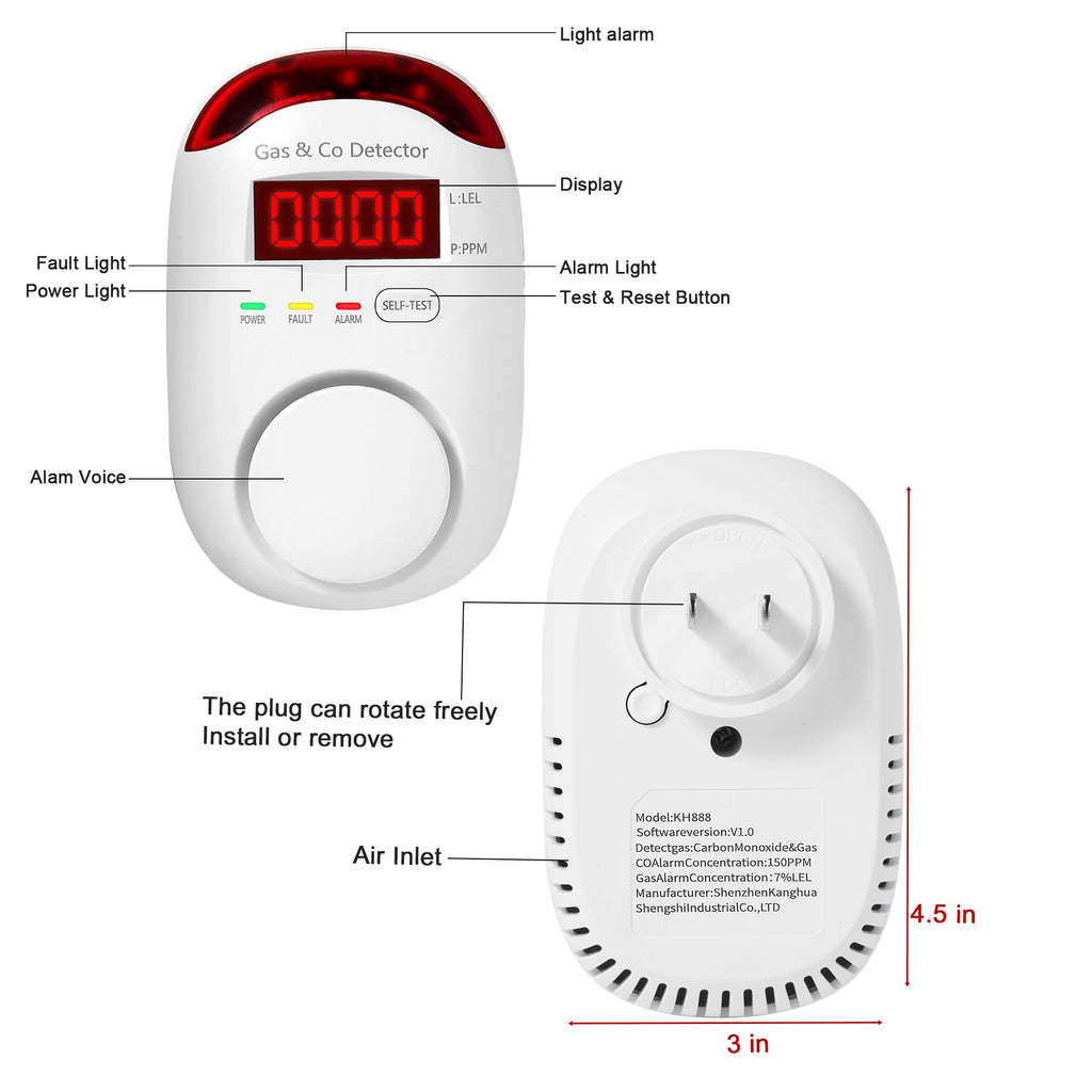 3 Packs Combination Gas & Carbon Monoxide Detectors, Plug in Natural Gas Detector & Carbon Monoxide Alarm, CO Detector Alarm & Propane, Methane, Explosive Gas Detector for Home,RV,Easy to Install