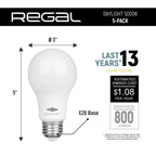 Regal LED A19 Light Bulb 5000K Daylight 800-Lumen, 9-Watt (60-Watt Equivalent), E26 Base, 5000 Kelvin, Day Light, 5-Pack, Non-Dimmable