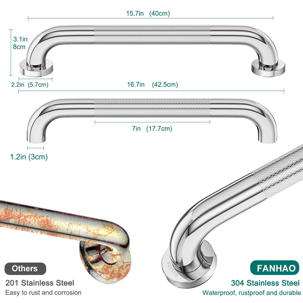 FANHAO 2 Pack Shower Grab Bar, 16 Inch Stainless Steel Bathroom Grab Bar with Anti-Slip Knurled Grip, Heavy Duty Shower Handle Bath Handle, Safety Bars for Elderly or Handicapped (Polished)