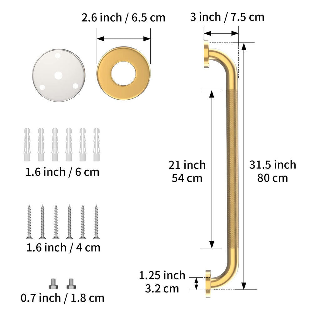 32 Inch Anti Slip Shower Grab Gold, Munzong Bathroom Grab Bar, Knurled Bathroom Balance Bar,Safety Hand Rail Support Handicap Elderly Injury Senior Assist Bath Handle