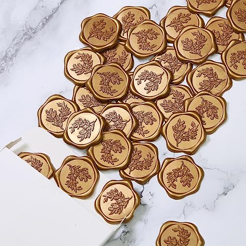 UNIQOOO Wax Seal Stickers - Eucalyptus Wedding Invitation Envelope Seal Stickers, 50 Pcs Self- Adhesive Antique Gold Stickers, Perfect for Invitation, Christmas, Gift Wrapping, Party