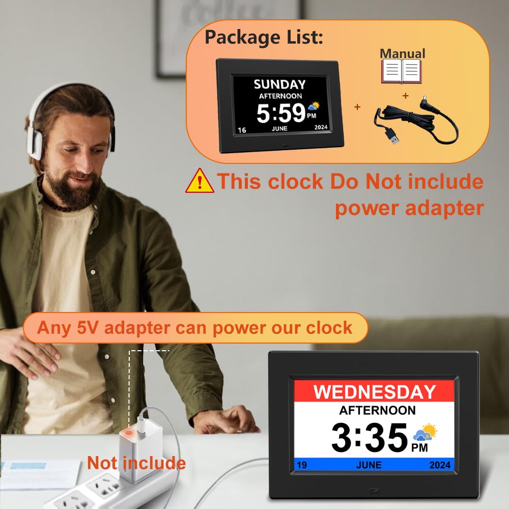AINFTIME Digital Clock with Date and Day of Week for Elderly-12 Alarms Medication Reminder Dementia Alzheimers Clock Calendar with Extra Large Display (7 inch Black)