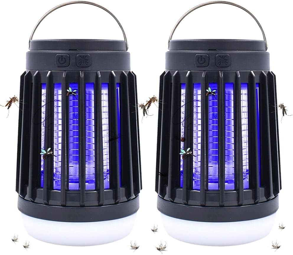 2pack Solar Bug Zapper Light Bulb,3 in 1 Mosquitoes Killer USB Rechargeable Camping Light Flashlight,IPX6 Waterproof Portable Light Bulb Zapper for Doorway,Corridor,Balcony,Patio (Black)
