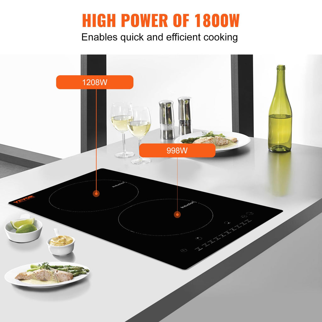 VEVOR Electric Cooktop, 2 Burners, 12'' Induction Stove Top, Built-in Magnetic Cooktop 1800W, 9 Heating Level Multifunctional Burner, LED Touch Screen w/Child Lock & Over-Temperature Protection