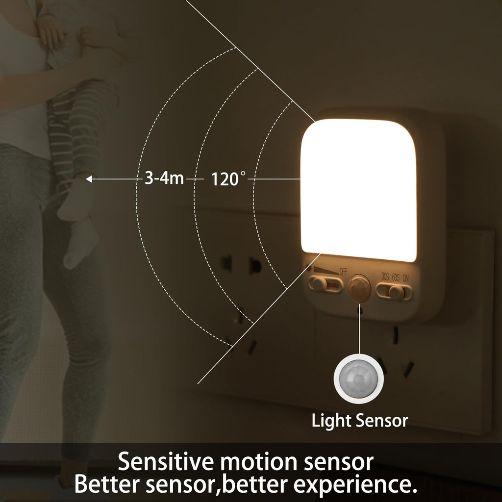 LED Night Light Plug into Walls, Plug-in, Dusk to Dawn Motion Sensor with 4 Lighting Modes, Brightness Adjustable Warm White, Energy Efficient, Ideal Nightlight for Elderly, Baby, Kids (2 Pack)
