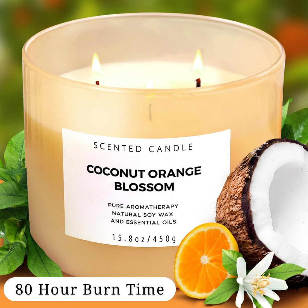 Coconut Orange Blossom 3 Wick Spring Candle - Highly Scented Soy Candles for Home - Large Stress Relief Candles –Aromatherapy Relax Candles for Women & Men 15.8 oz - Clean Burning Soy Candles