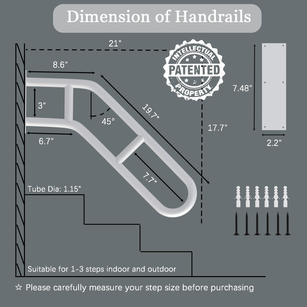 2 Pack Handrails for Outdoor Steps, Upgraded 27" Bent White Stair Handrails for Indoor or Outdoor, Wall Mounted Hand Stair Railings with Anti-Skid Crossbar, Safety for Elderly, Kids, Disabled