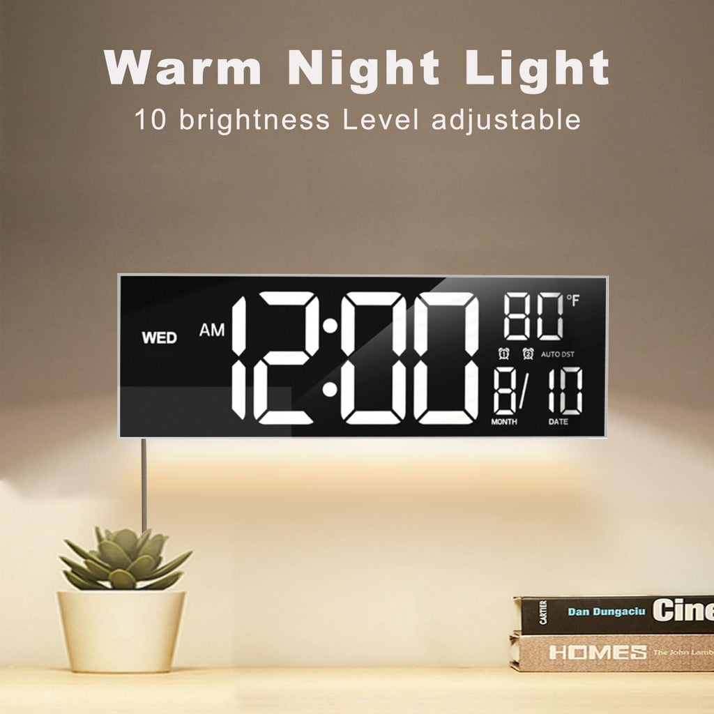 JALL 16" Large Digital Wall Clock with Remote Control, Timer, Alarm with Big LED Screen Dispaly, 8 RGB Colors, Auto DST, Temperature for Living Room, Bedroom, Mounted, Gift for Elderly, White
