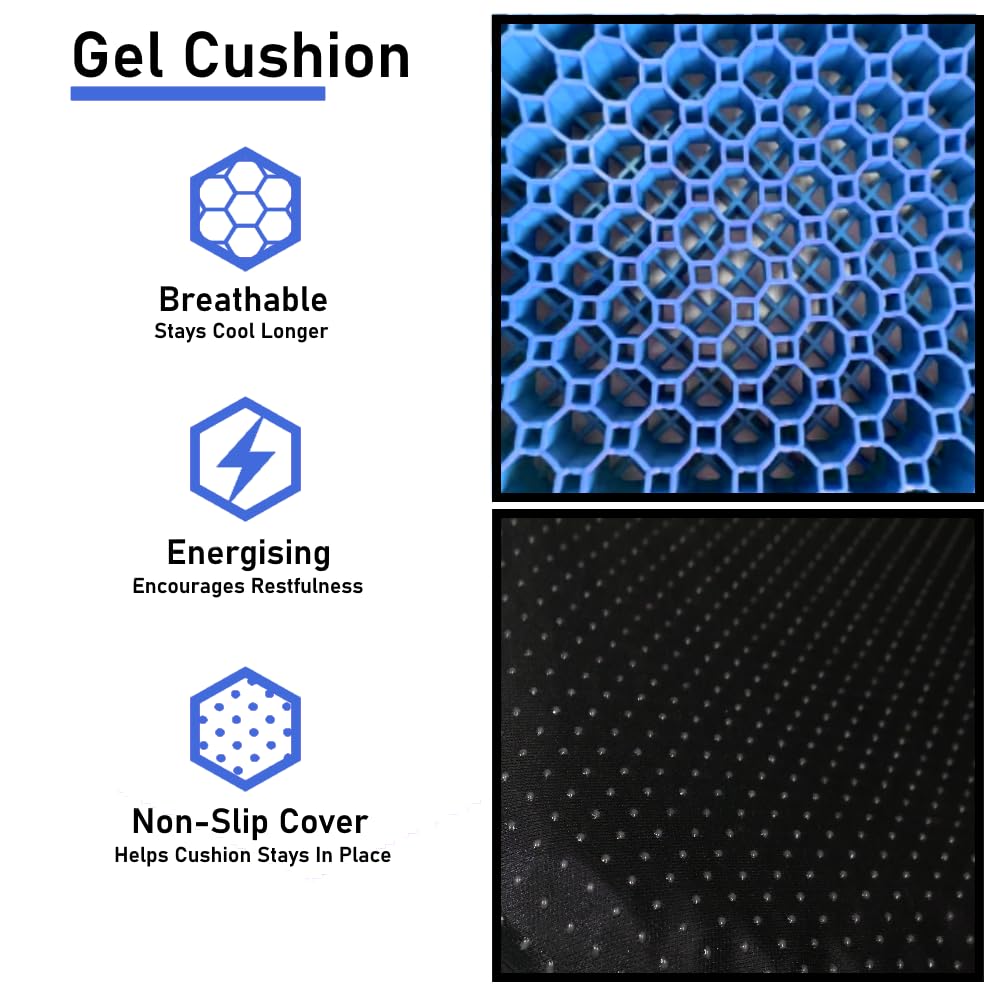 ComforTec Large Blue Gel Seat Cushion - Honeycomb Cooling Seat Cushion Back Support, Pressure Relief & Long Sitting - Non-Slip Cushion Traveling, Wheelchair, Car Seat, Office & Gaming Chair