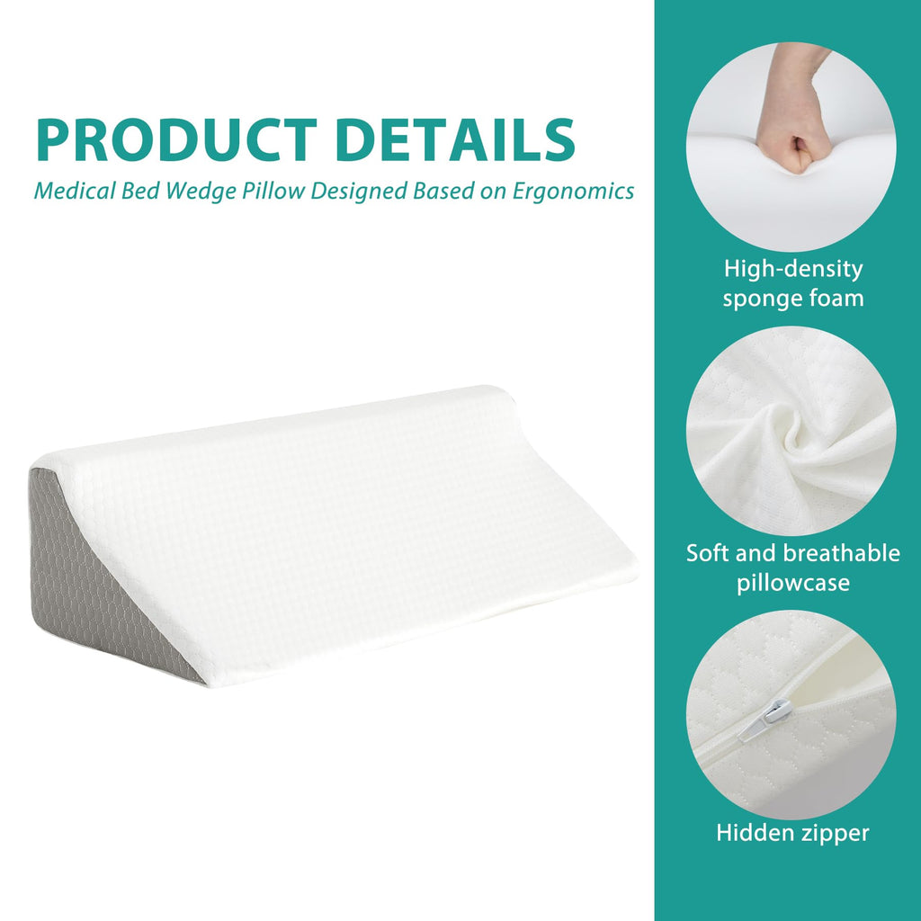 Bedluxe Wedge Pillow for Side Sleeping, Comfort Foam Back Pillow for Side Sleeper, Bed Wedges & Body Positioners for After Surgery, Pregnancy Support, Back Pain, Preventing Bedsores, White/Grey