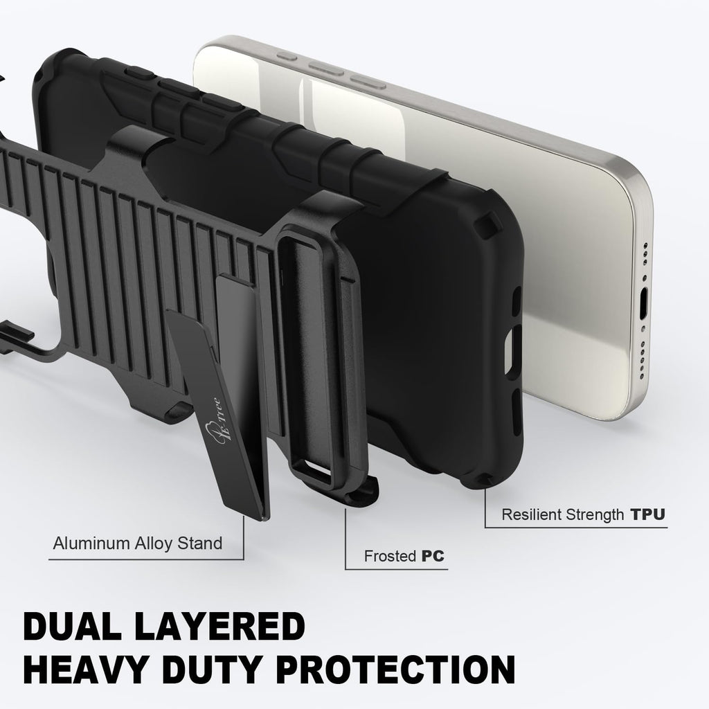 E-Tree for iPhone 15 Pro Case, with Crossbody Strap and Stand, Protective Shockproof Hard Phone Case Black, Perfect for Go Outside and Kid Elderly